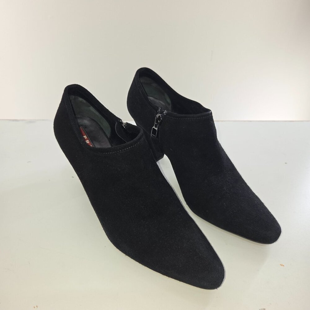 Prada Women's Ankle Bootie Suede Side Zip Cone Heel Black Size 8.5